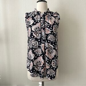 Ann Taylor mock ruffle neck half button up sleeveless leaf print blouse blue